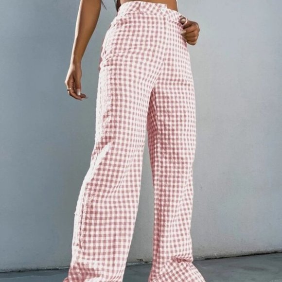 Gingham Print Wide Leg high waist Pants pink - Picture 4 of 6
